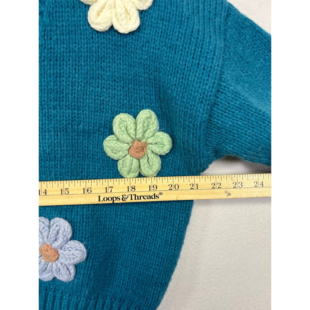 Cottagecore Debut Women XS Teal Blue 3D Floral Crochet Chunky Cropped Cardigan - Picture 4 of 9